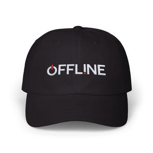 May include: Black baseball cap with a white embroidered "OFFLINE" text and a red power button graphic.