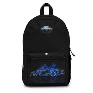 May include: Black backpack with a blue and black car graphic on the front pocket. The car is engulfed in blue flames. The backpack has a black zipper and a silver buckle with the letter "B" on it.