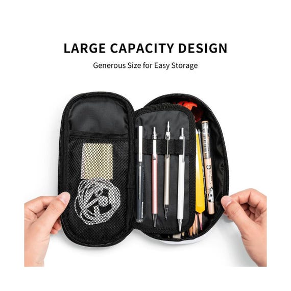 Astuccio Portapenne Grande Con 3 Scomparti - Organizer In Oxford Nero Con Cerniera Metallica - Per Scuola, Ufficio, Trucchi E Viaggi - 6