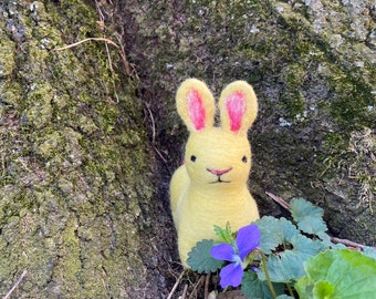 standing yellow felted wool rabbit with pink ears, needle felted bunny toy, handmade Easter bunny dolls, cute Spring decor, basket gifts