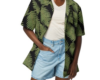 Recycled unisex button-down short-sleeve lightweight shirt with green and black fern pattern, Greenleaf Fern Hiking Collection