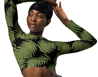 Recycled long-sleeve crop top with green and black fern pattern, Raglan sleeves, Greenleaf Fern Hiking Collection, Women&#39;s athletic clothing