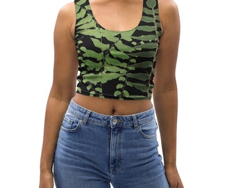Crop top, Cropped tank top, green and black fern design, Fern Triptych Hiking Collection, nature-themed crop top, athleisure clothing