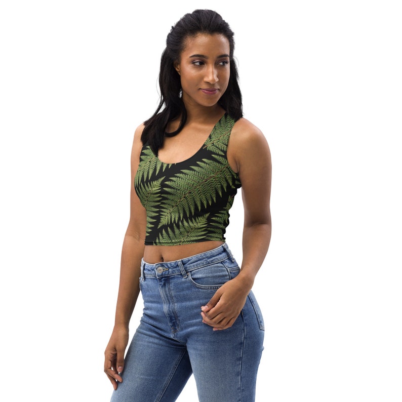 Crop Top with green and black fern pattern, Greenleaf Hiking Collection, nature-themed crop top, hiking clothes