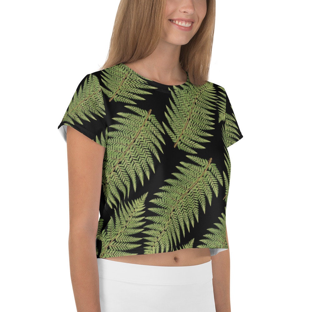 Cropped short sleeve t-shirt, green and black fern pattern, Greenleaf Fern Hiking Collection athletic leisure crop top for nature lovers
