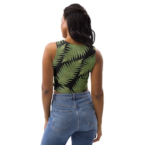 Crop Top with green and black fern pattern, Greenleaf Hiking Collection, nature-themed crop top, hiking clothes
