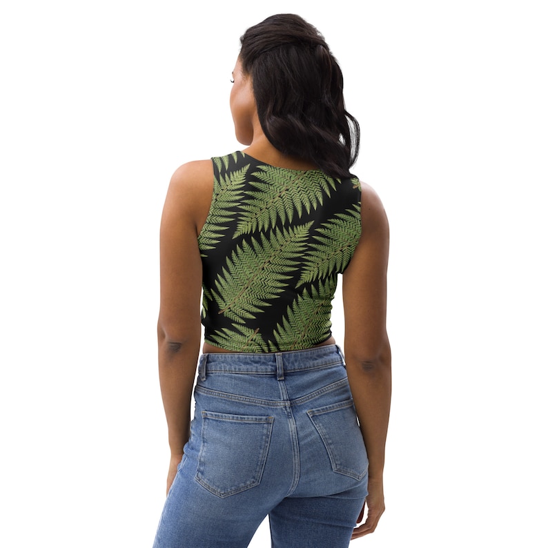 Crop Top with green and black fern pattern, Greenleaf Hiking Collection, nature-themed crop top, hiking clothes