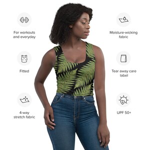 Crop Top with green and black fern pattern, Greenleaf Hiking Collection, nature-themed crop top, hiking clothes