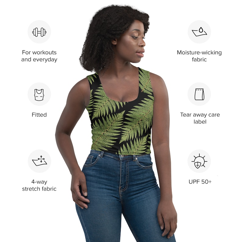 Crop Top with green and black fern pattern, Greenleaf Hiking Collection, nature-themed crop top, hiking clothes