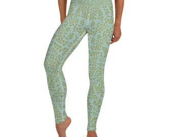 Yoga athleisure leggings with blue and green fern pattern, outdoor hiking clothing, workout attire, Maidenhair Fern Hiking Collection
