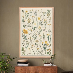 Flora gerahmte 24x36 Vintage-Stil Blumen, Bestimmungskarte, gelbe und grüne Blumen, wissenschaftliches Poster mit Rahmen in schwarz, weiß oder Holz