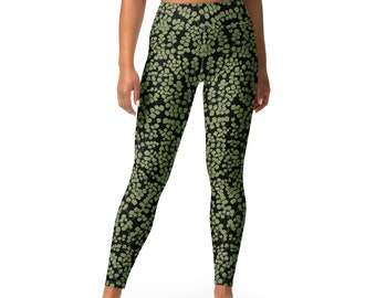 Yoga athleisure leggings with green and black fern pattern, outdoor hiking clothing, workout attire, Maidenhair Fern Hiking Collection