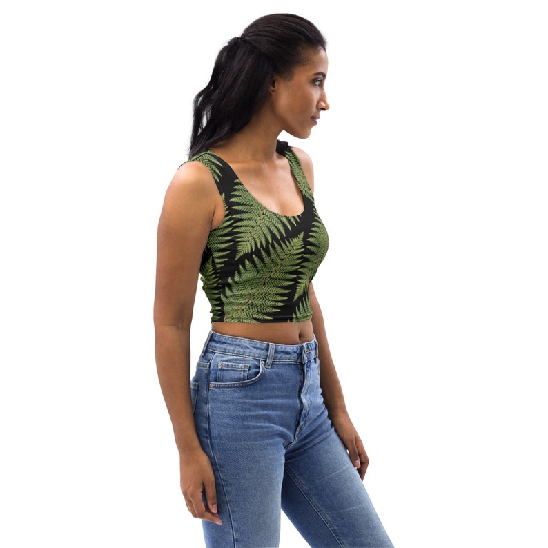 Crop Top with green and black fern pattern, Greenleaf Hiking Collection, nature-themed crop top, hiking clothes