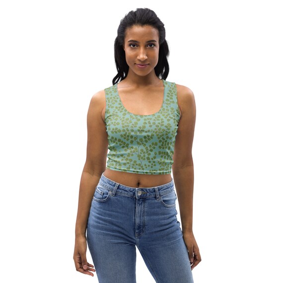 Fern Patterned Crop Top Tank Top, Green and Blue Fern Pattern