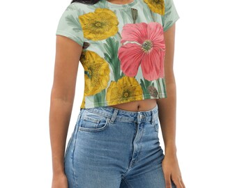 Cropped short sleeve t-shirt, green and black fern pattern, Summer Bouquet Gardening Collection athletic leisure crop top for nature lovers