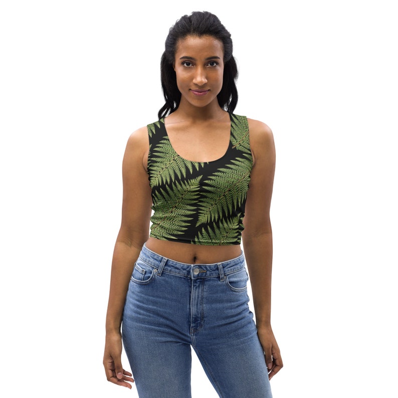 Crop Top with green and black fern pattern, Greenleaf Hiking Collection, nature-themed crop top, hiking clothes