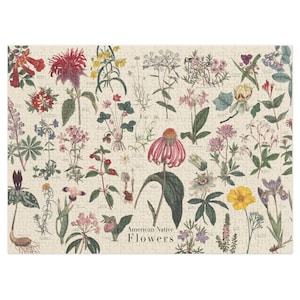 May include: A jigsaw puzzle featuring a botanical illustration of various American native flowers. The puzzle pieces are beige, and the flowers are depicted in shades of red, pink, yellow, purple, and green. The text "American Native Flowers" is at the bottom.