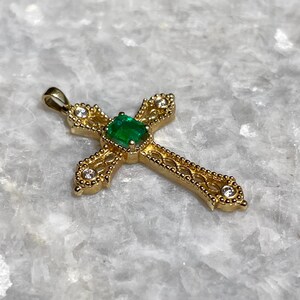 Emerald and diamonds Yellow Gold Cross Cross Pendant, Emerald cross pendant, 18K gold, Natural Diamond Cross, emerald jewelry, green cross