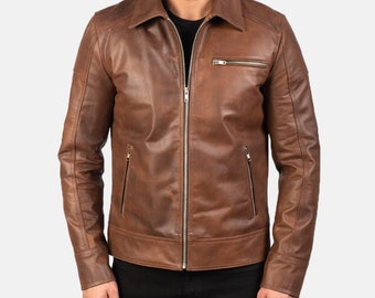 Vintage Men Brown Leather Biker Jacket