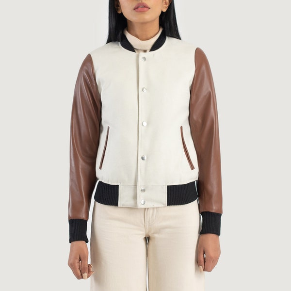 Women Savant White & Brown Hybrid Varsity Jacket combines sheepskin leather sleeves, synthetic wool torso. plush sheepskin leather.
