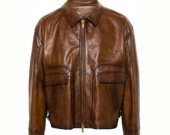 Golden Goose Men's Tobacco Brown Waxed Leather Jacket | Luxurious Craftsmanship, Stylish Zip-Up Design, Perfect Layering Piece