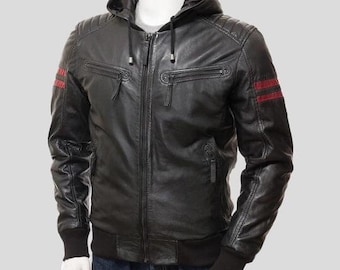 Black Leather Jacket With Hood, Stylish Men's Outerwear, Premium Quality, Comfortable Fit, Versatile Layering, Perfect Gift