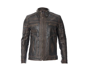 Men Vintage leather jacket brown, Biker Leather Jacket