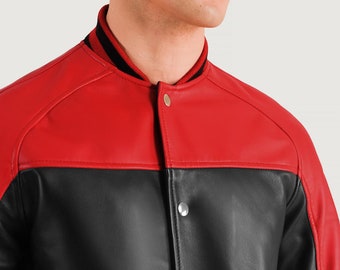 Introducing the Men Terrance Black & Red Leather Varsity Jacket