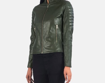 Women's Adalyn Quilted Green Leather Biker Jacket