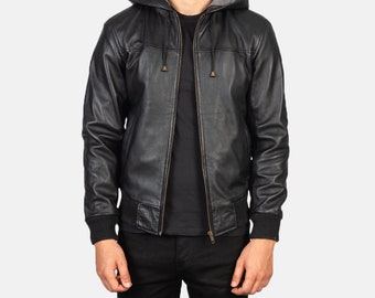 Men Nintenzo Black Hooded Leather Bomber Jacket Outer Shell: Real Leather