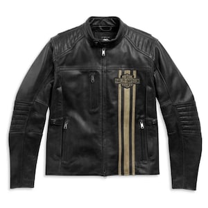 May include: Black leather motorcycle jacket with gold and black stripes down the right side and a Harley Davidson logo patch.