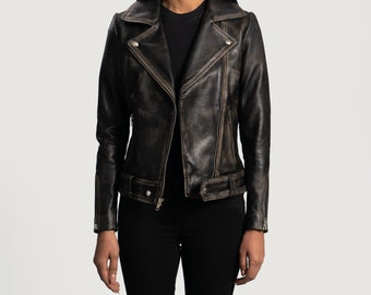 Women's Rumy Distressed Brown Leather Biker Jacket,