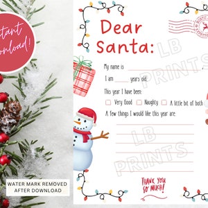 Carta descargable a Santa, carta imprimible a Santa, carta digital a Santa, lista de deseos de Navidad imprimible, DIY Santa Letter