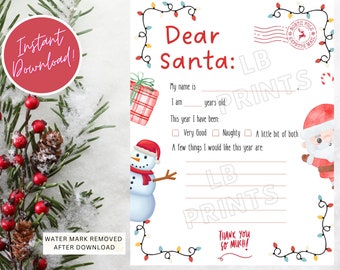 Downloadable letter to Santa, printable letter to Santa, digital letter to Santa, printable Christmas wish list,  DIY Santa Letter
