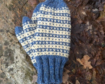 Hand knit mittens in blue jay and cream.