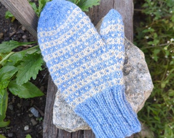 Hand knit wool mittens in light blue heather and light sheep's grey
