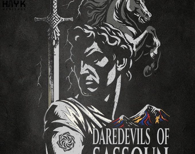 Featured listing image: Daredevils of Sassoun T-Shirt – Armenian Hero Graphic Tee, Cultural Heritage Shirt, Folklore Warrior Apparel