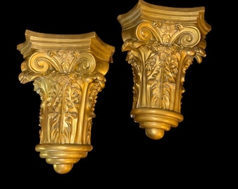 Vintage Gold Wall Corbels Pair Corinthian Acanthus Leaf Ornate Shelf Brackets 10”