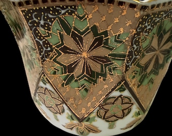 Vintage Japanese Hand Painted Porcelain Cachepot / Bowl – Art Deco Geometric Floral – Green Brown & Gold – Made in Japan