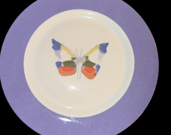 Juego de 3 platos llanos vintage Mikasa Studio Nova Butterfly con borde morado, estilo cottagecore.