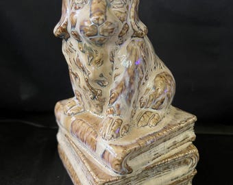 Vintage Spaniel Dog on Books Glazed Ceramic Bookend Figurine