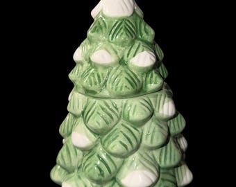Vintage Ceramic Christmas Tree Cookie Jar with Bird Topper, Green White Holiday Canister