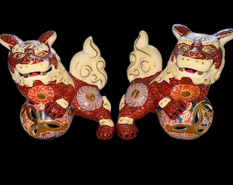 Vintage Foo Dog-paar Satsuma-stijl keramische voogd leeuwen rood goud Aziatisch decor Feng Shui Japan