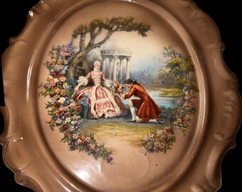 Vintage Courting Couple Ceramic Wall Plaque, Rococo Victorian Floral Garden Decor, Ornate Oval Wall Art