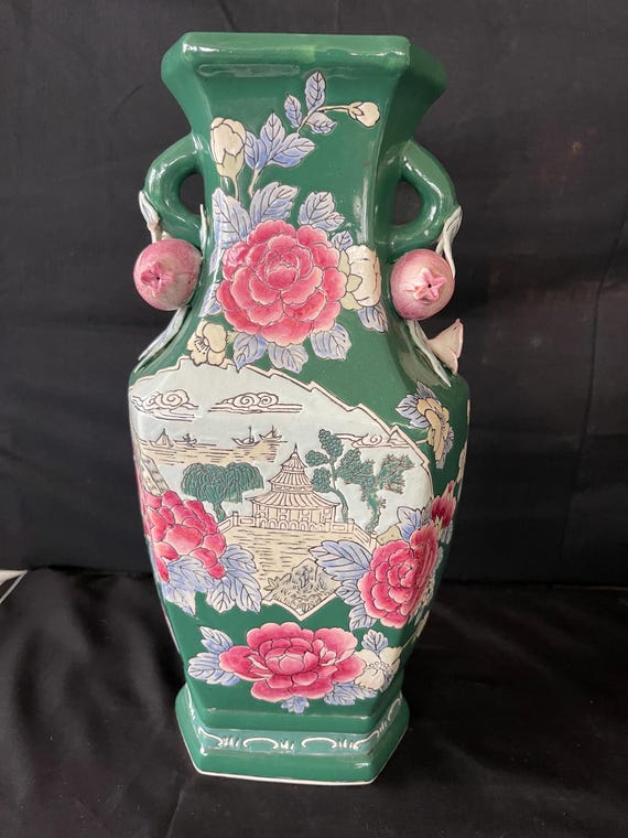 Vintage Nippon Hand Painted Floral Vase w/ Moriage Green Pink