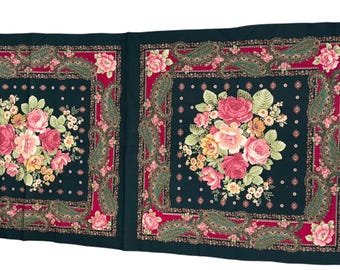 Vintage Pillow Print Fabric Panel Roses Paisley Floral Hunter Green Pink Uncut Sewing Fabric 2 Pillow Panels