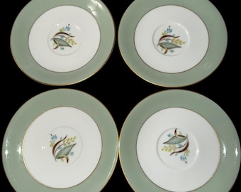Zestaw 4 talerzyków Vintage Harmony House Tiara, zielona, ​​kwiatowa, złota lamówka, porcelana, Japonia, lata 50. XX wieku