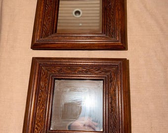 Juego de dos espejos antiguos de madera tallada de 8x8 pulgadas – Pequeños y ornamentados espejos de pared rústicos – Juego de dos