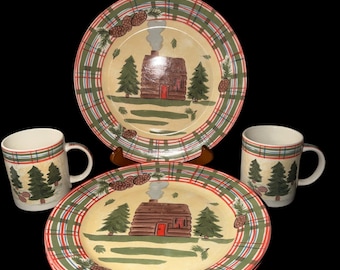Juego de vajilla navideña vintage Hausenware Libby Wilke, platos y tazas a cuadros estilo cabaña rústica, decoración de cabaña de campo, año 2000.
