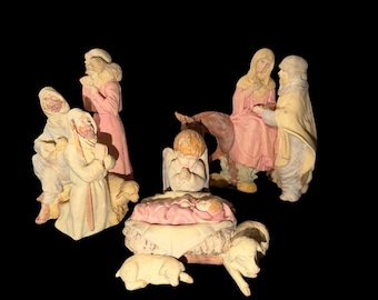 Vintage Nativity Set 9 Piece Hand Painted Christmas Manger Holy Family Shepherd Angel Animals